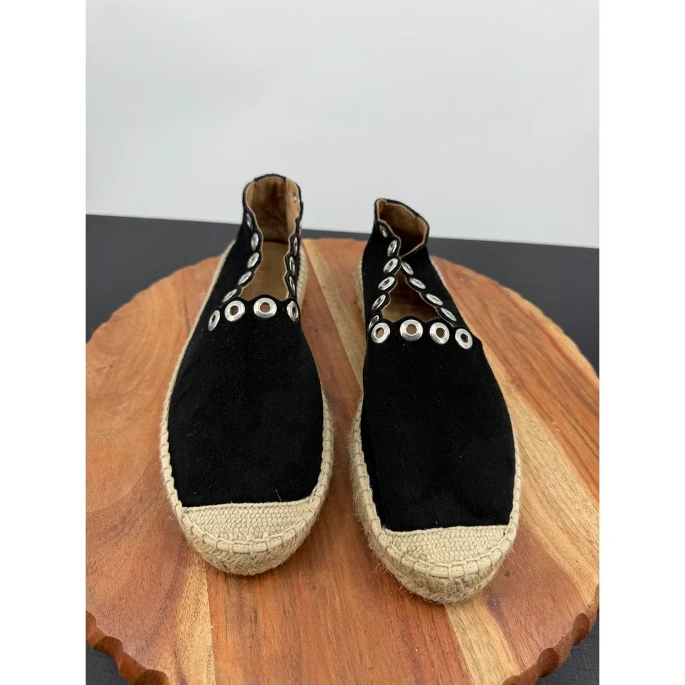 La Scarpa Paris Grommet Espadrille Flat Women 38 Black Suede Scalloped Edge